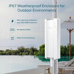 TP-Link AX1800 long range outdoor wireless extender displaying the dual high-gain antennas pointing upwards.