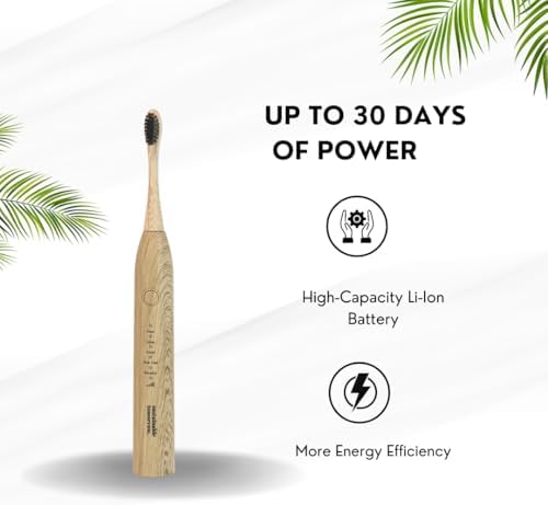 Waterproof bamboo electric toothbrush being rinsed under running water to demonstrate the durable IPX7 protection.