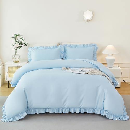 Side view of the matching light blue envelope pillowcase featuring ruffled trim details