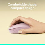 Logitech M196 pink wireless mouse highlighting the precise line by line scrolling wheel