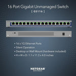 Netgear GS316 unmanaged network switch angled view highlighting durable gray metal housing design.
