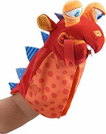 Demonstration of hand placement inside the HABA glove puppet showing finger operation for kids.