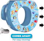 Ginsey Bluey toilet training seat placed on a standard white home bathroom toilet bowl.