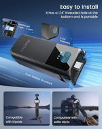 Base view of the extended camera battery accessory highlighting the durable one by four inch tripod mount thread.