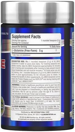 Allmax Essentials Glutamine nutritional label details