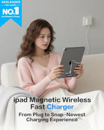 AKGLEADER iPad magnetic charger snapping onto the back of an eleven inch tablet showing port clearance