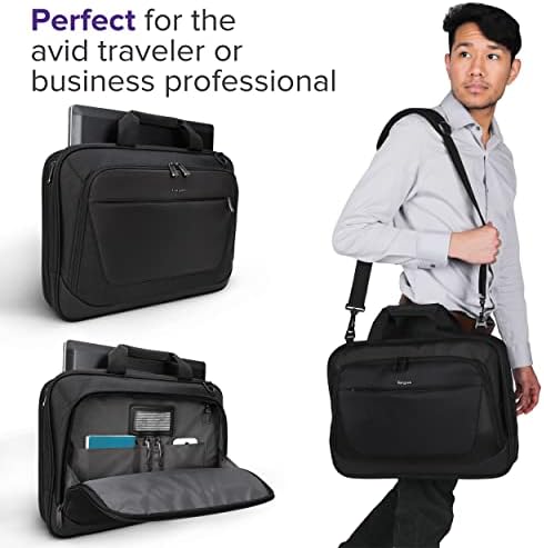 Targus professional messenger bag with padded main compartment holding a fifteen point six inch laptop.