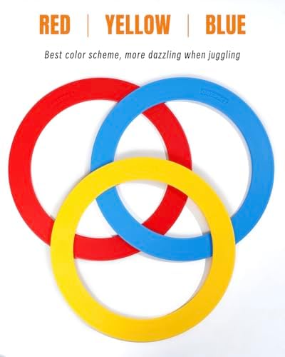 Person practicing juggling with colorful rings