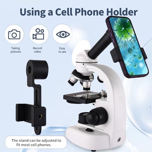 Woehrsh professional research microscope kit complete with prepared glass slides and smartphone imaging adapter.