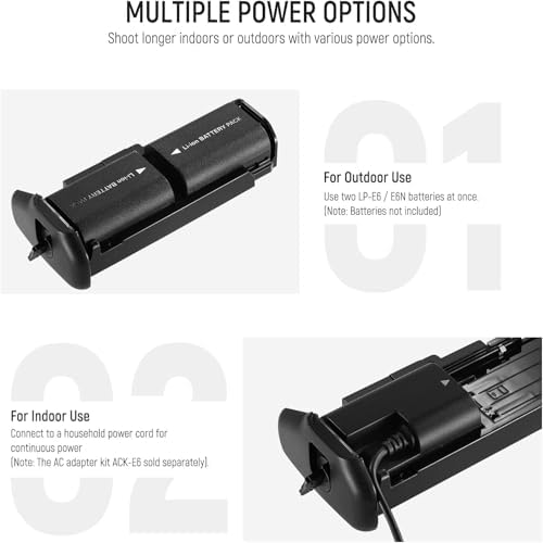 Acuvar camera battery grip side view focusing on the thick non-slip rubberized hand grip for portrait shooting.