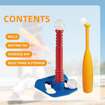 Toddler using adjustable red batting tee