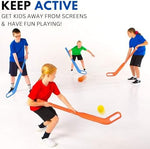 Safe non toxic ABS plastic toddler hockey starter kit showcasing orange and blue team colors