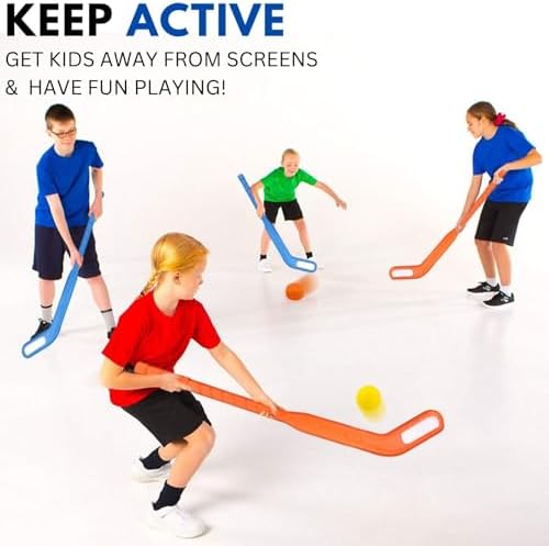 Safe non toxic ABS plastic toddler hockey starter kit showcasing orange and blue team colors