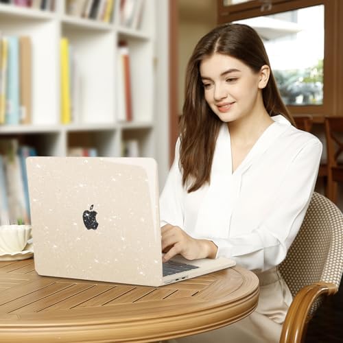 MOSISO lifestyle view of a laptop protected by the starlight sparkly cover on an elegant home office desk