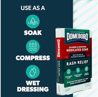 Side panel of Domeboro medicated skin compress powder box detailing safety warnings.