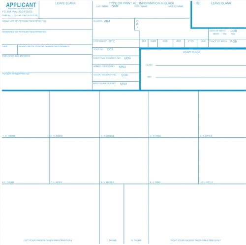 Official Crime Scene FD-258 applicant cards with designated fingerprint blocks