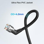 Cable Matters 10Gbps right angle ethernet line fitting tightly behind a smart television setup.