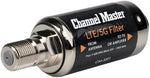 Close-up view of the weatherproof all-metal housing on the Channel Master cellular interference filter.