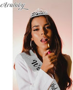 Araluky silver black crown and sash for women worn by model