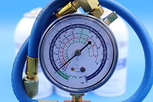 Close up of the brass charging gauge with blue hose included in the USA imported air conditioning booster kit