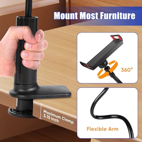 Adjustable screw clamp base of the Selfdee lazy tablet holder attached firmly to a white home office desk