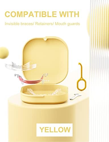 Yellow HEMILAB aligner case open view showing built-in mirror and included removal tool with cleaning brush