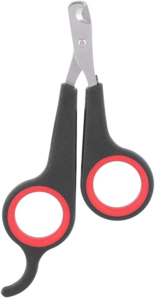 Simlug solid stainless steel bird nail clipper front view showing black and red ergonomic handles.