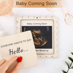 Woodamore wooden grandparent baby reveal gift set with integrated due date calendar panel.