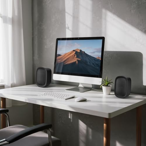 Saiyin bookshelf speakers set up next to a record player and television