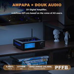 Ampapa D1 home theater amplifier rear panel connections highlighting the balanced TRS inputs, RCA inputs, and subwoofer pre-out ports.