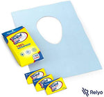 Relyo travel restroom protective mat draped completely over an elongated toilet rim