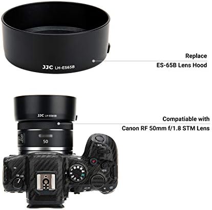 JJC LH-ES65B lens hood with 43mm filter and lens cap mounted