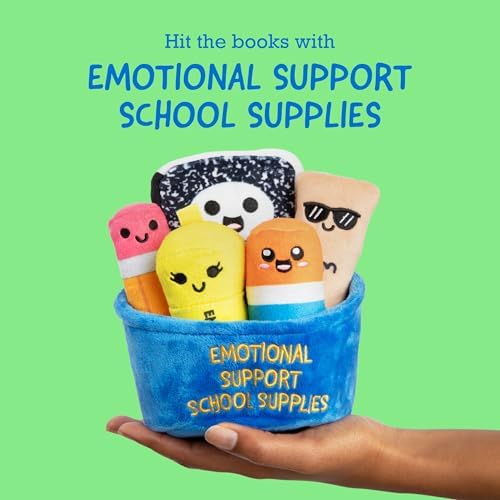 Five individual school supply plush toys including pencil and ruler character.