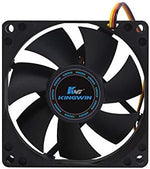 Kingwin 80mm computer cooling fan showing the 3 pin motherboard connector and 4 pin Molex adapter