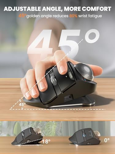 SABLUTE adjustable trackball mouse highlighting the removable magnetic metal base tilted at an eighteen degree angle.
