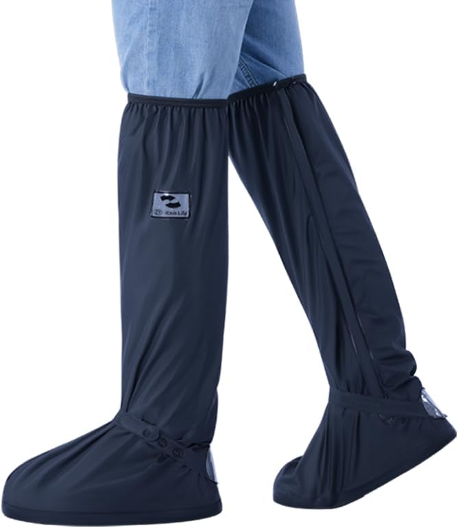 RINJOY waterproof rain boot shoe covers front view showing black over knee design with zipper
