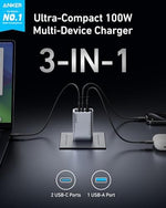 Anker Prime Gallium Nitride charging block with foldable prongs partially retracted.