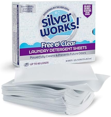 Eco friendly laundry detergent sheets Free and Clear formula showing forty dissolvable sheets pack