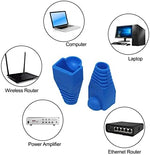 Arrangement of one hundred blue modular plug covers ideal for organizing cat5e and cat6 data installations.