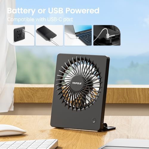 Side angle view of the 4.5 inch rechargeable small fan illustrating the variable tilting mechanism.