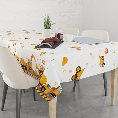 A parent easily rolling up the messy disposable construction truck table cloth after a kids birthday event for quick cleanup.