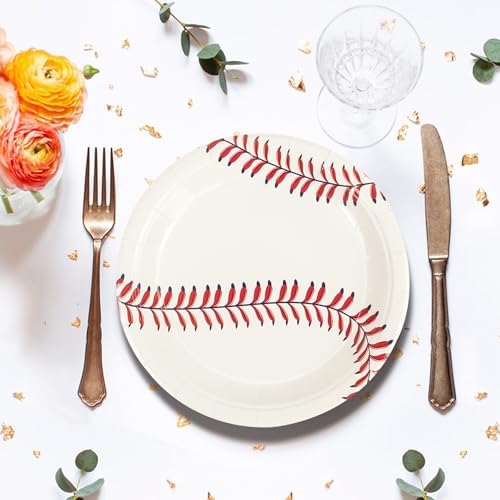 Baseball themed party table setup with disposable paper plates