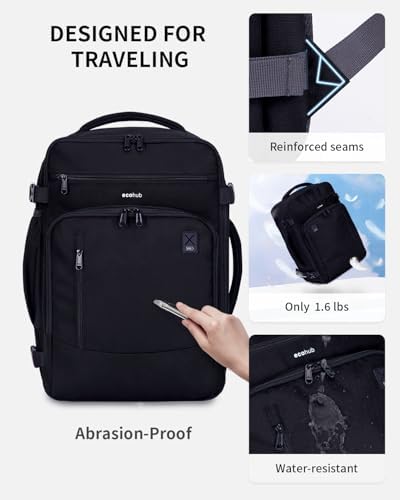 ECOHUB 17" Small Travel Backpack, United Airlines Personal Item Bag 17x10x9 with 16 Pockets, Water Resistant Rucksacks Fit 15.6" Laptop, AirTag Pocket, Lightweight Casual Daypack, 25L, Black - Image 7