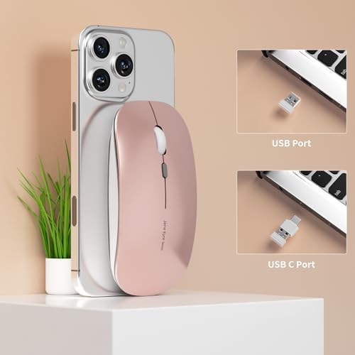 Rose gold ultra thin desktop mouse displayed alongside its included charging cable and specialized type C adapter accessory.