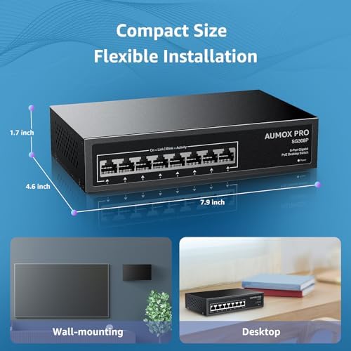 AUMOX PRO 8 port PoE plus switch packaging with official compliance markings