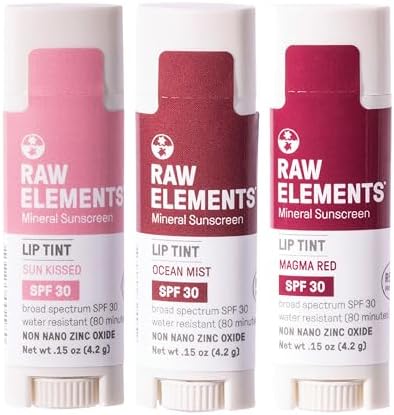 Raw Elements Tinted Lip Sun Kissed, Ocean Mist, Magma Red SPF 30 .15 oz Sunrise Pack - Image 1