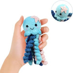 Hypoallergenic blue crochet octopus toy for preemie developmental grasping engagement