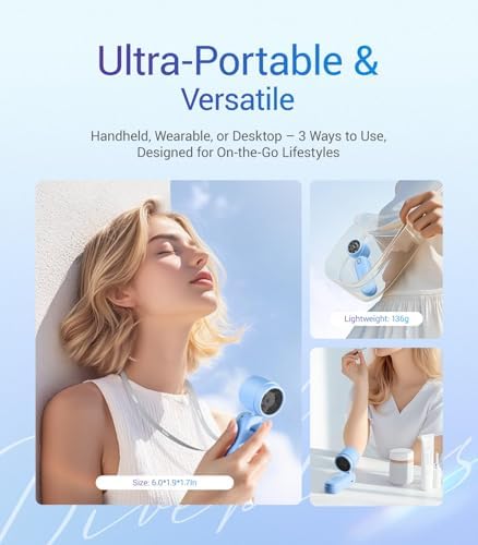 Rechargeable portable hand fan with active LED display screen showing battery level