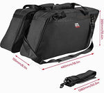 Two black motorcycle internal luggage cases showing attached adjustable shoulder straps for easy transport.