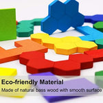 Kiouposy hexagon wooden puzzle display showing fourteen interlocking pieces arranged on a wooden background.